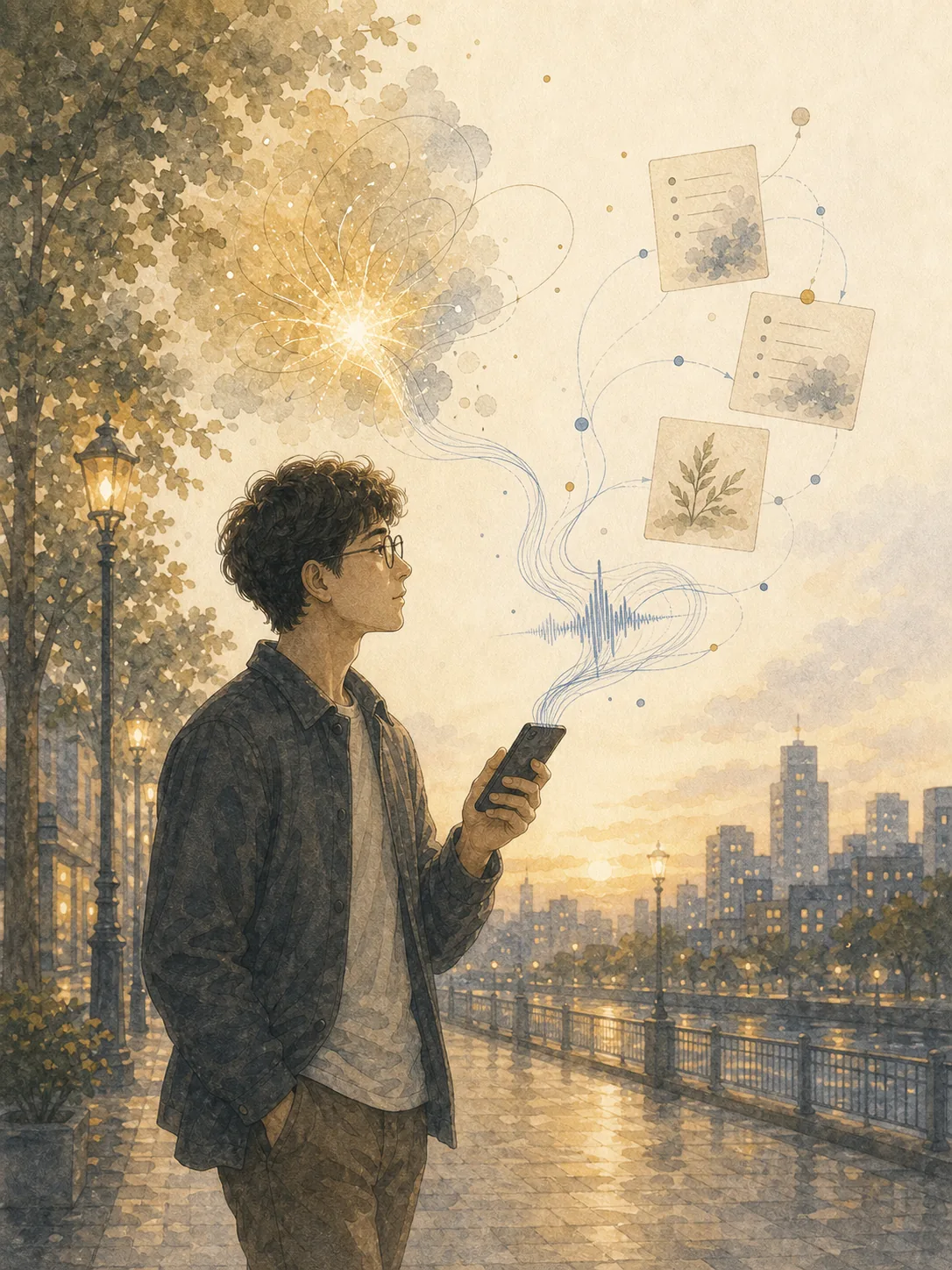 人在暮色中用手机捕捉灵感火花