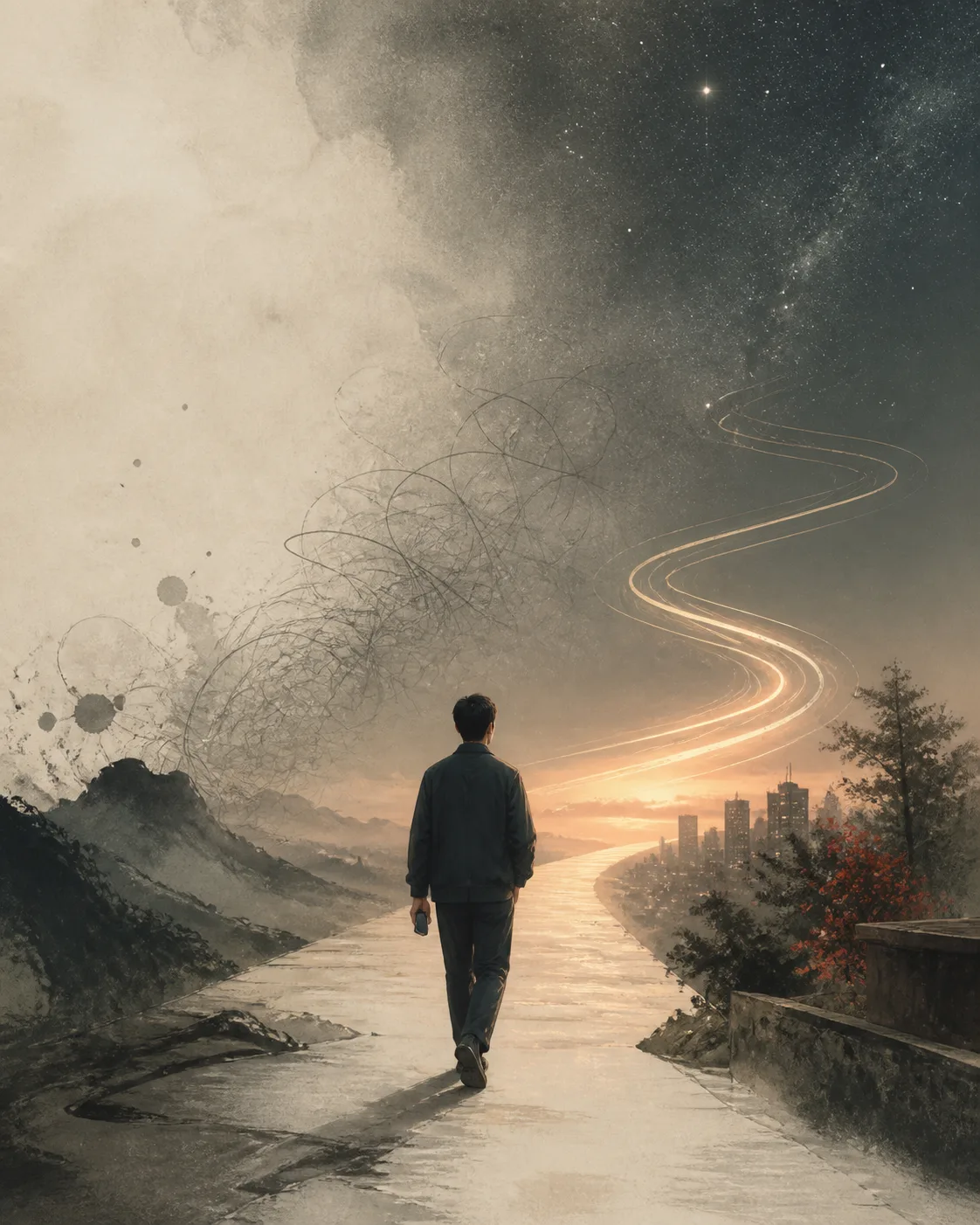 一个人走在星空下，混乱思绪逐渐汇聚成清楚的前路